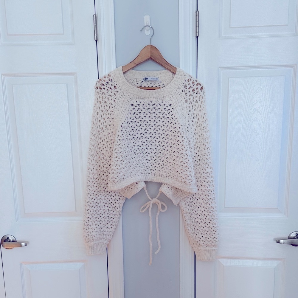 Zara Cream Knit Sweater with Tie Detail